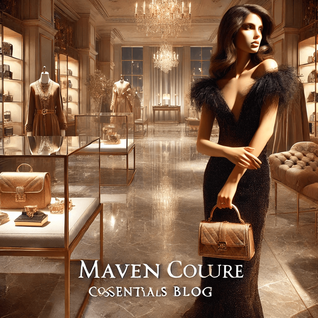 Elegant woman in a designer dress with luxury accessories in a chic boutique. “Maven Couture Essentials Blog” displayed in stylish font.