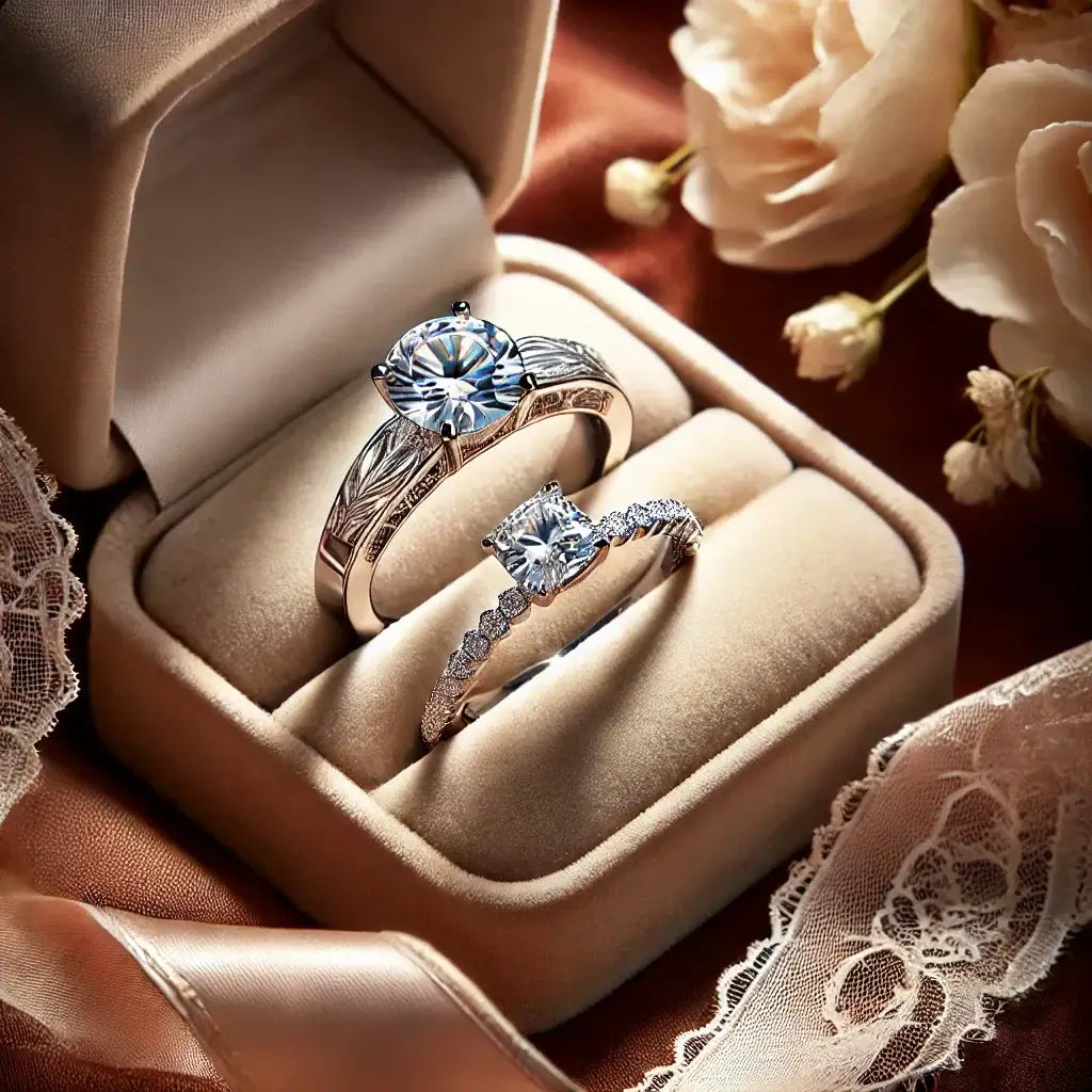 Two diamond engagement rings nestled in a beige ring box.