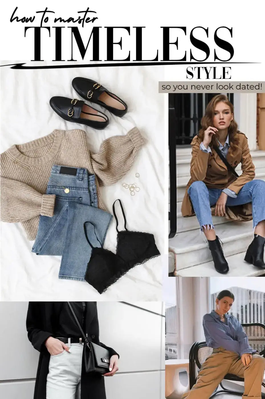 Fashion mood board showcasing timeless style combinations with denim, knitwear, and classic footwear.