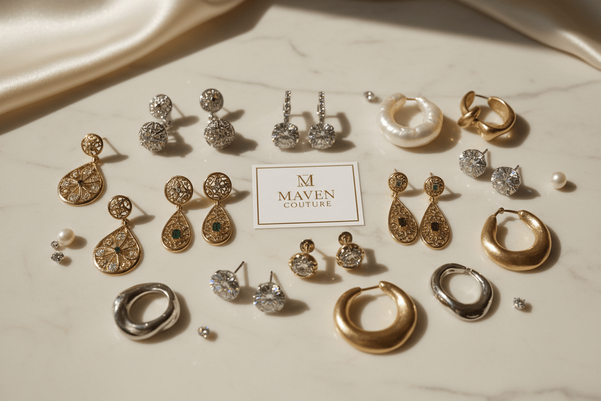 Maven Couture luxury earring collection displayed on dark velvet T-bar stands, featuring rose gold drop earrings, cushion cut halo stud earrings, and vintage gold diamond dangle earrings on b