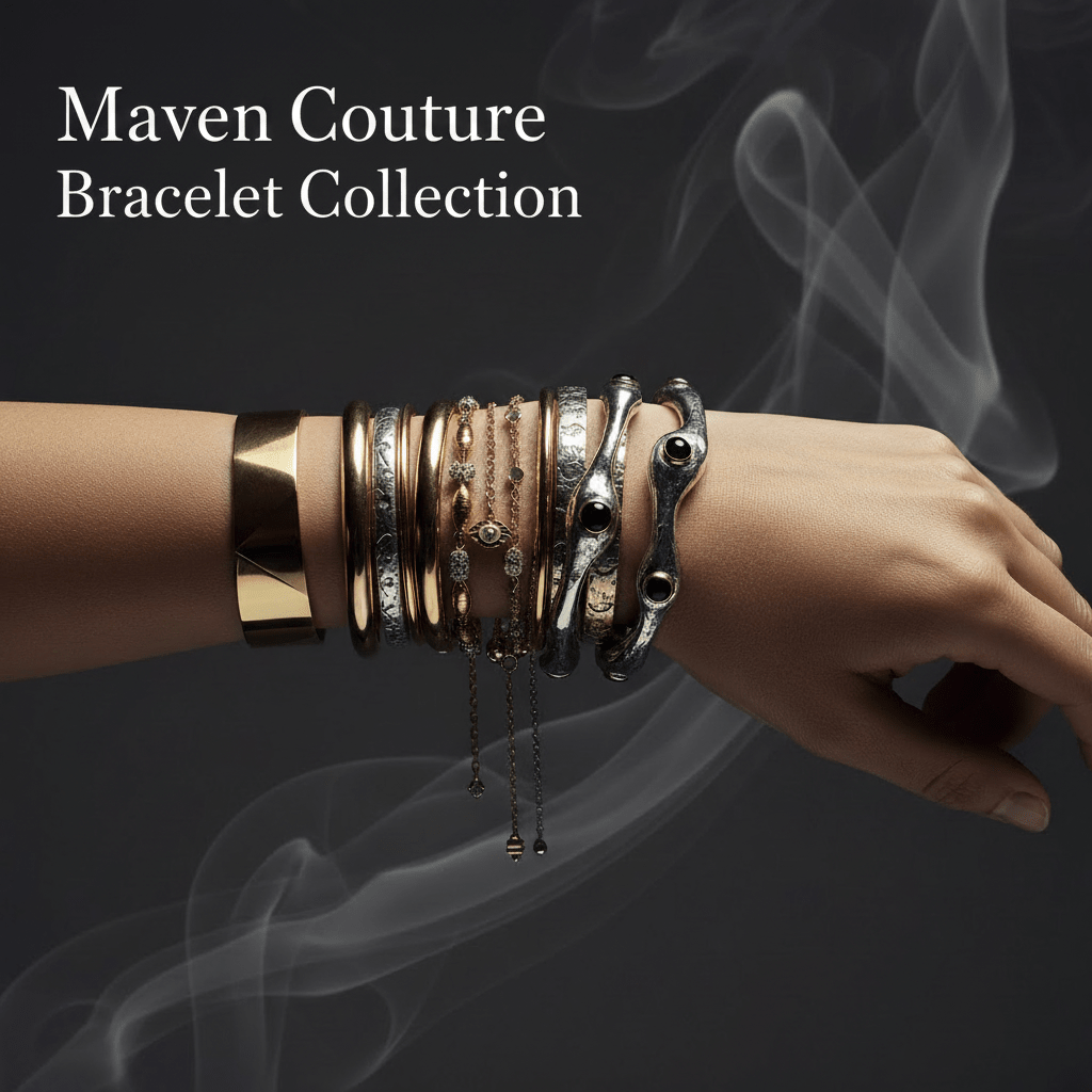 Maven Couture luxury bracelet collection displayed on dark velvet stands, featuring diamond eternity tennis bracelet, square halo bracelet, and vintage gold cuff on black marble.