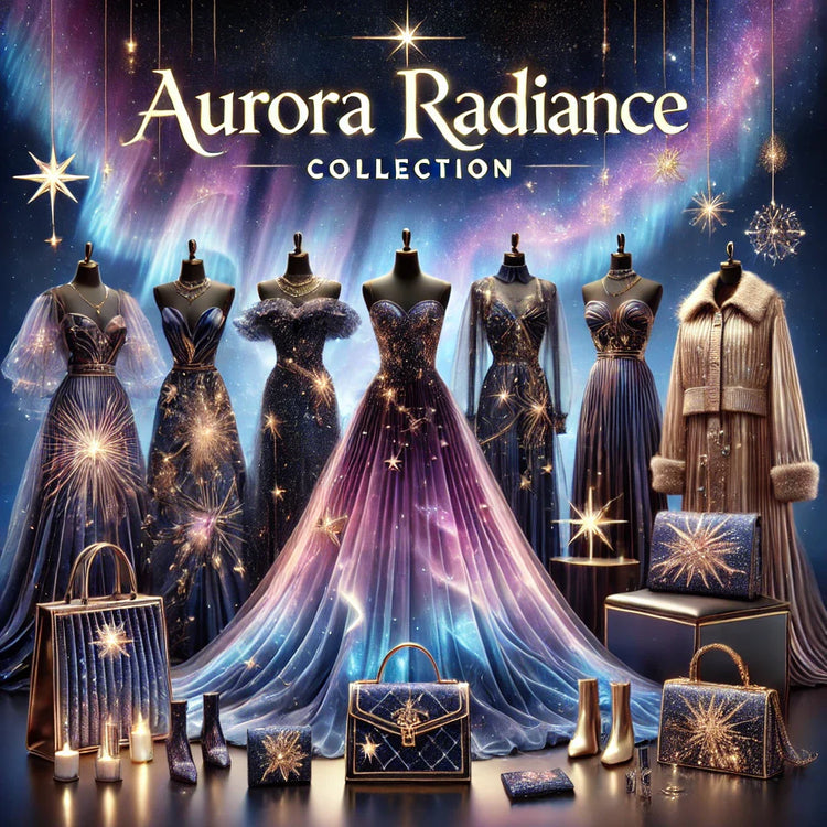 Aurora Radiance Collection showcasing celestial-themed clothing and accessories with star and aurora patterns, set against a cosmic navy and gold backdrop with elegant, glowing text