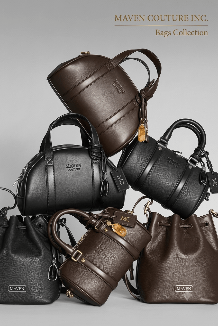 Maven Couture women's designer leather bags featuring black tote, satchel, shoulder bag, and belt bag