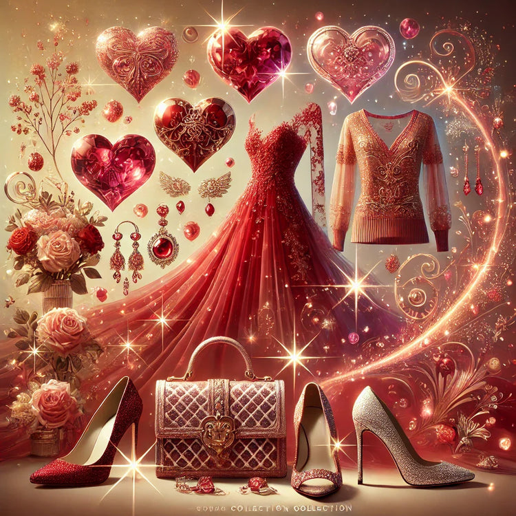 Enchanted Hearts collection showcasing a red dress, sparkling heels, chic accessories, and jewelry with glowing hearts on a blush and gold background.