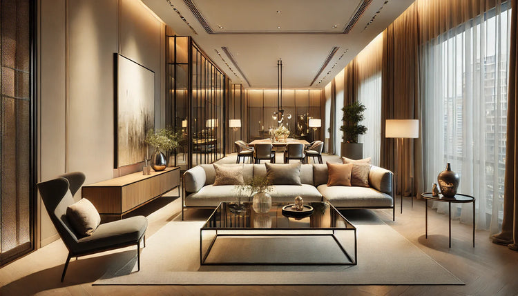 Luxurious modern living room interior featuring a sleek sectional sofa, a glass coffee table, designer armchair, and a stylish dining table with chairs. The space is elegantly lit with warm lighting, accented with greenery and contemporary artwork.