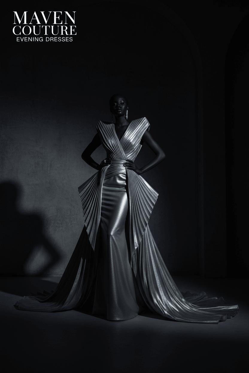 Model wearing a metallic silver pleated gown with a sculpted metal waist corset and asymmetric cape detail, standing in a dark luxury room in front of a floor-to-ceiling window overlooking a