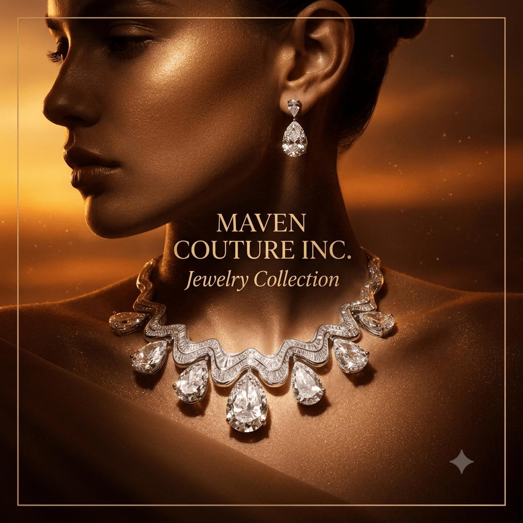 Maven Couture luxury jewelry collection including gold hoop earrings, pendant necklaces, and bangles