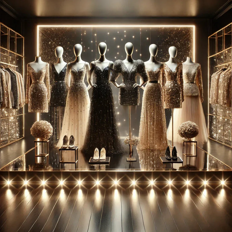 A luxurious display of sparkling sequin garments, including elegant dresses and tops, set against a sleek black and gold background with shimmering lights, exuding glamour and sophistication.