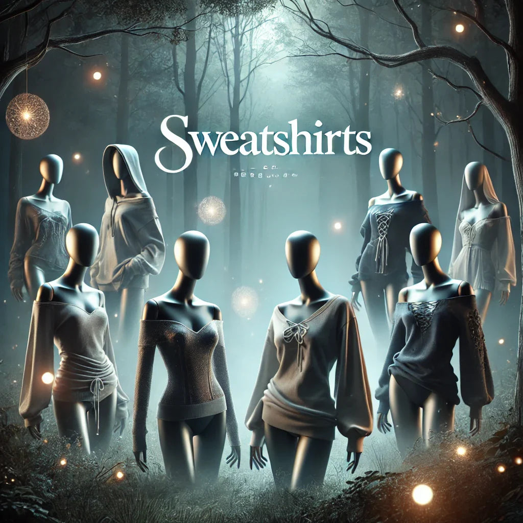 Mystical scene with woman-shaped mannequins in stylish sweatshirts, set in a foggy, moonlit forest with the word Sweatshirts displayed.