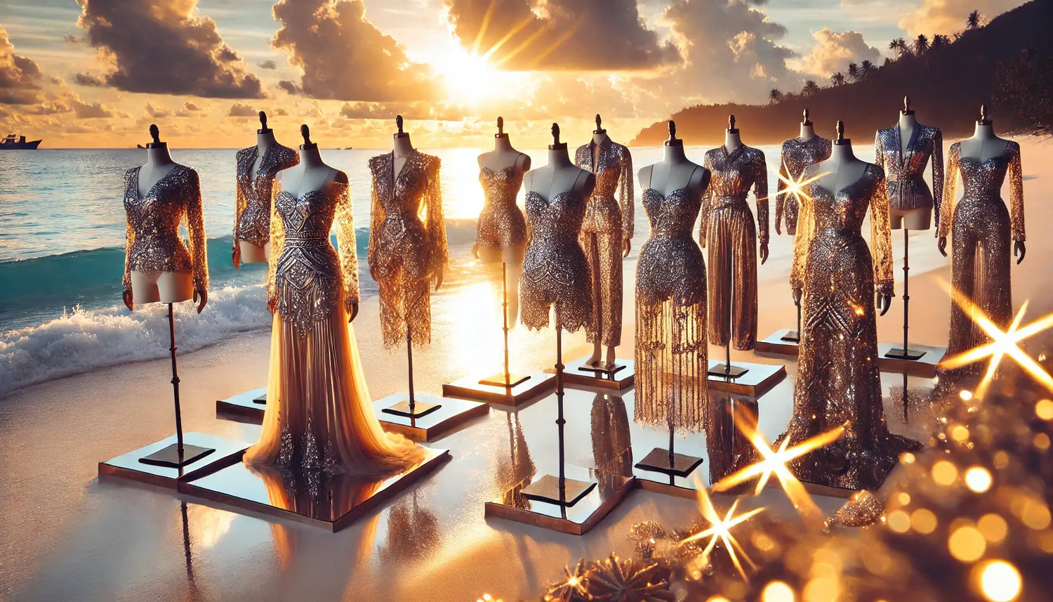 A dazzling and majestic image featuring elegant swimwear from The Essence of Tides collection. Set against the backdrop of the ocean, the photo highlights radiant and sparkling designs that exude luxury and sophistication.