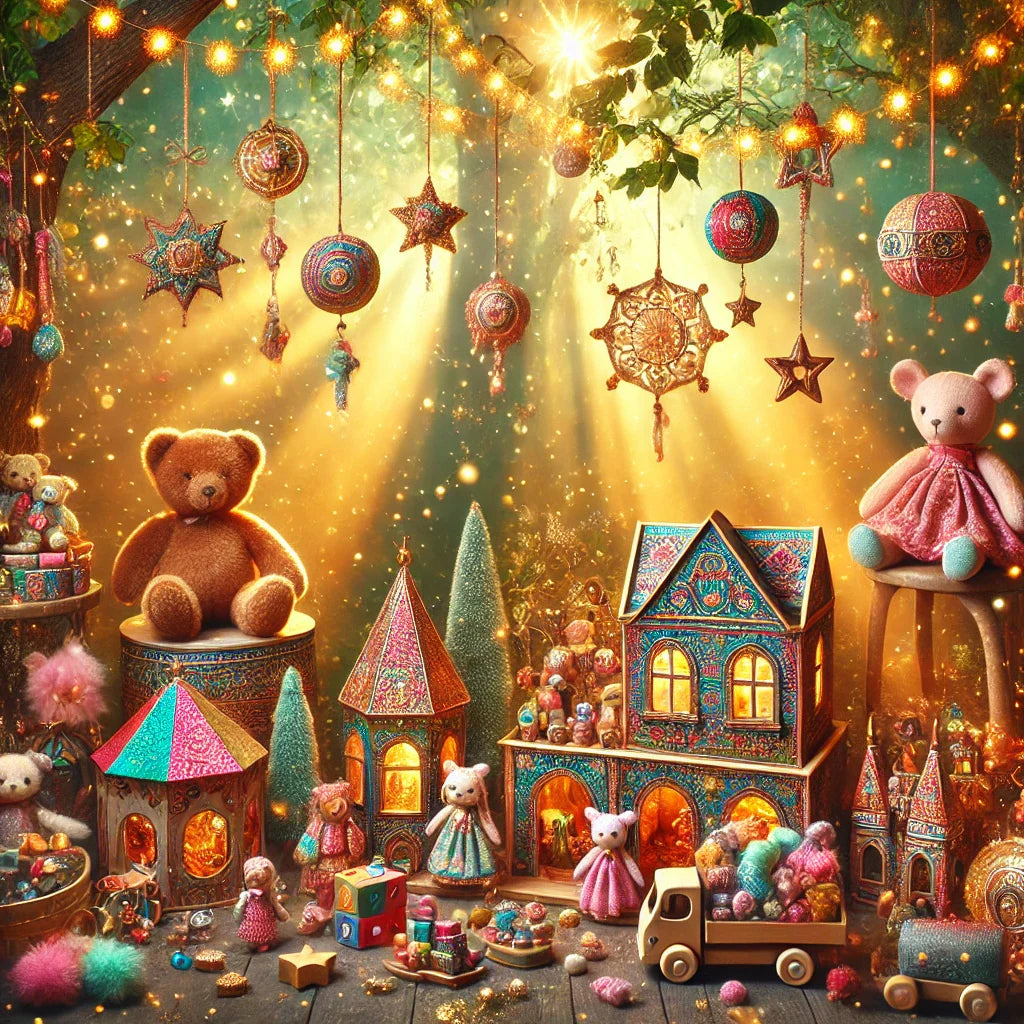 Magical forest scene with glowing lights, whimsical toys like plush animals and dollhouses, and the text “Maven Couture Whimsical Toys.”