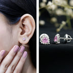 0.6 Carat Lab Grown Pink Sapphire Heart Stud Earrings with Diamond Halo