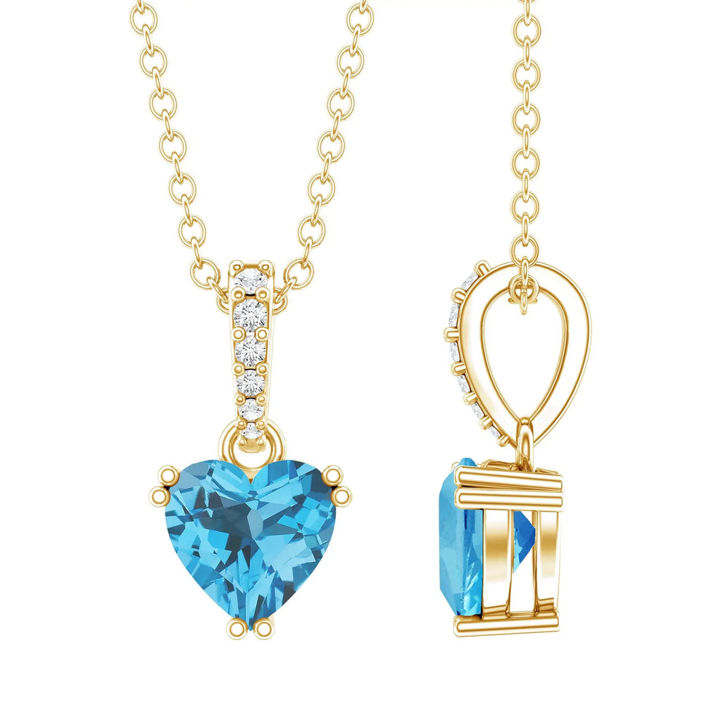 0.9 Carat Swiss Blue Topaz Solitaire and Diamond Heart Necklace with Chain