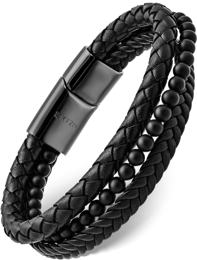 Stacked Black Leather & Black Onyx Bead Bracelet - Maven Couture IncLeather Bracelet