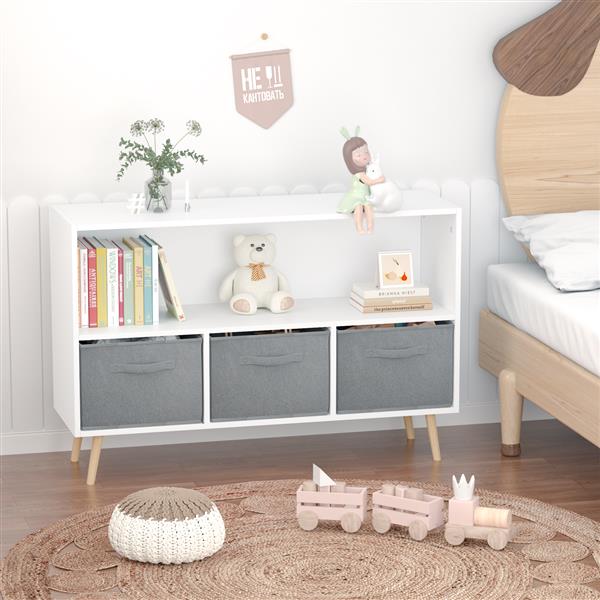 Luxury children’s bookcase with stylish fabric drawers for playroom elegance