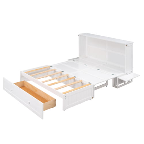 Elegant queen size mobile murphy bed with storage in sleek white finish