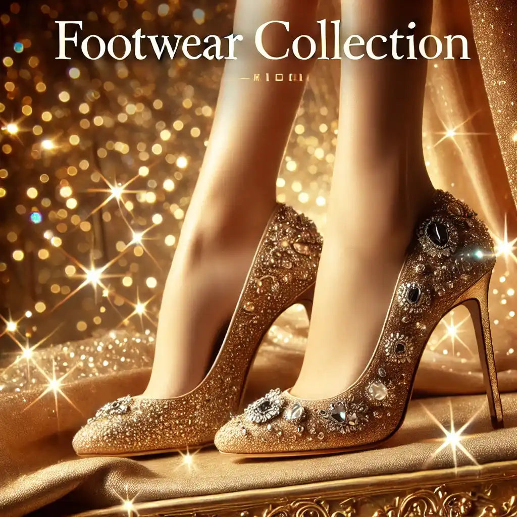 “Luxurious Footwear Collection featuring sparkling high-heeled shoes adorned with intricate jewel embellishments, displayed on a golden fabric with warm lighting and glamorous sparkles.”