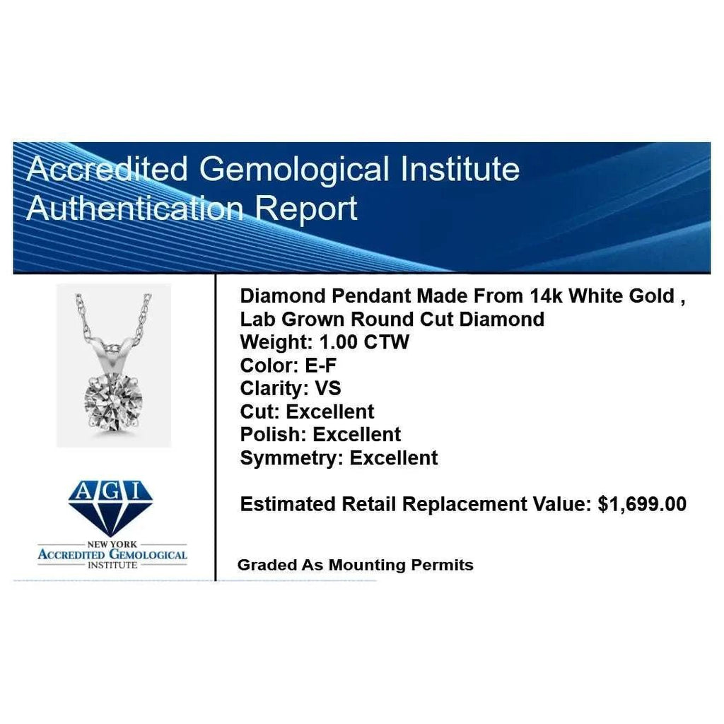 1.00 CTW Round Lab Grown Diamond Pendant Necklace in 14K Gold | AGI Certified | E-F Color, VS1-VS2 Clarity | 18 Inch Chain - Maven Couture IncPendants
