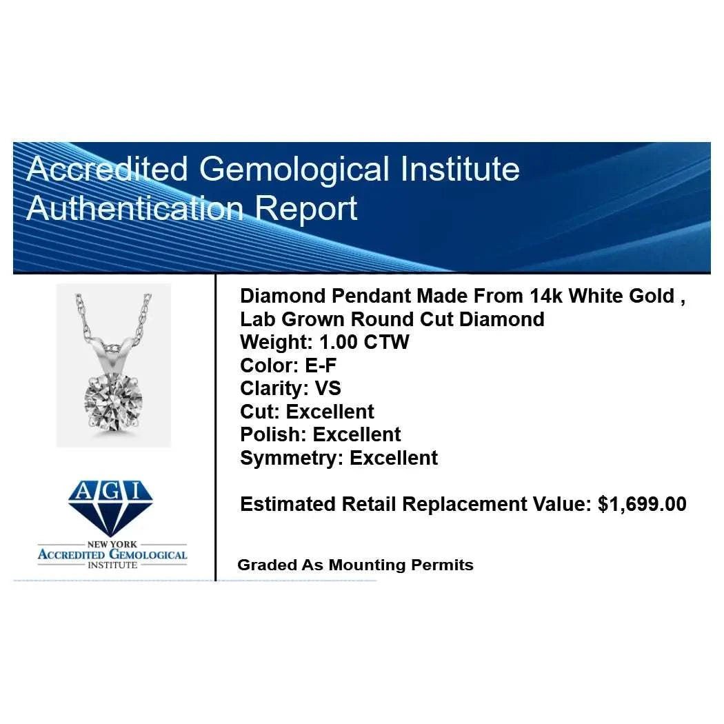 1.00 CTW Round Lab Grown Diamond Pendant Necklace in 14K Gold | AGI Certified | E-F Color, VS1-VS2 Clarity | 18 Inch Chain - Maven Couture IncPendants
