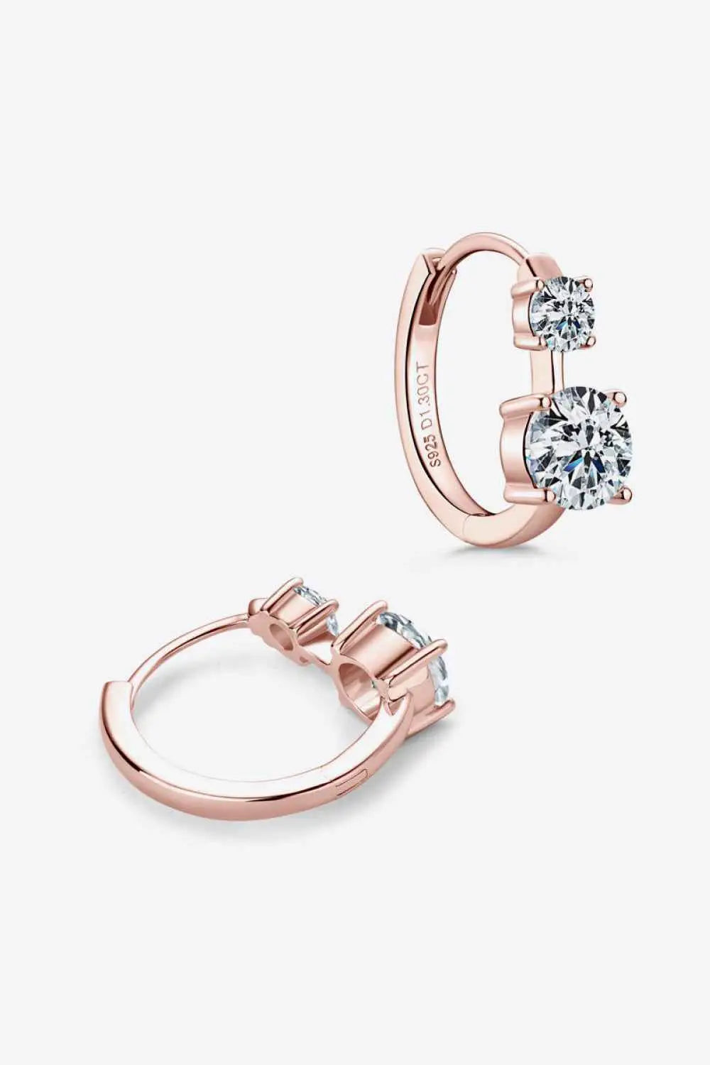 1.3 Carat Moissanite earrings in 925 sterling silver with 18K rose gold plating, featuring two sparkling round stones