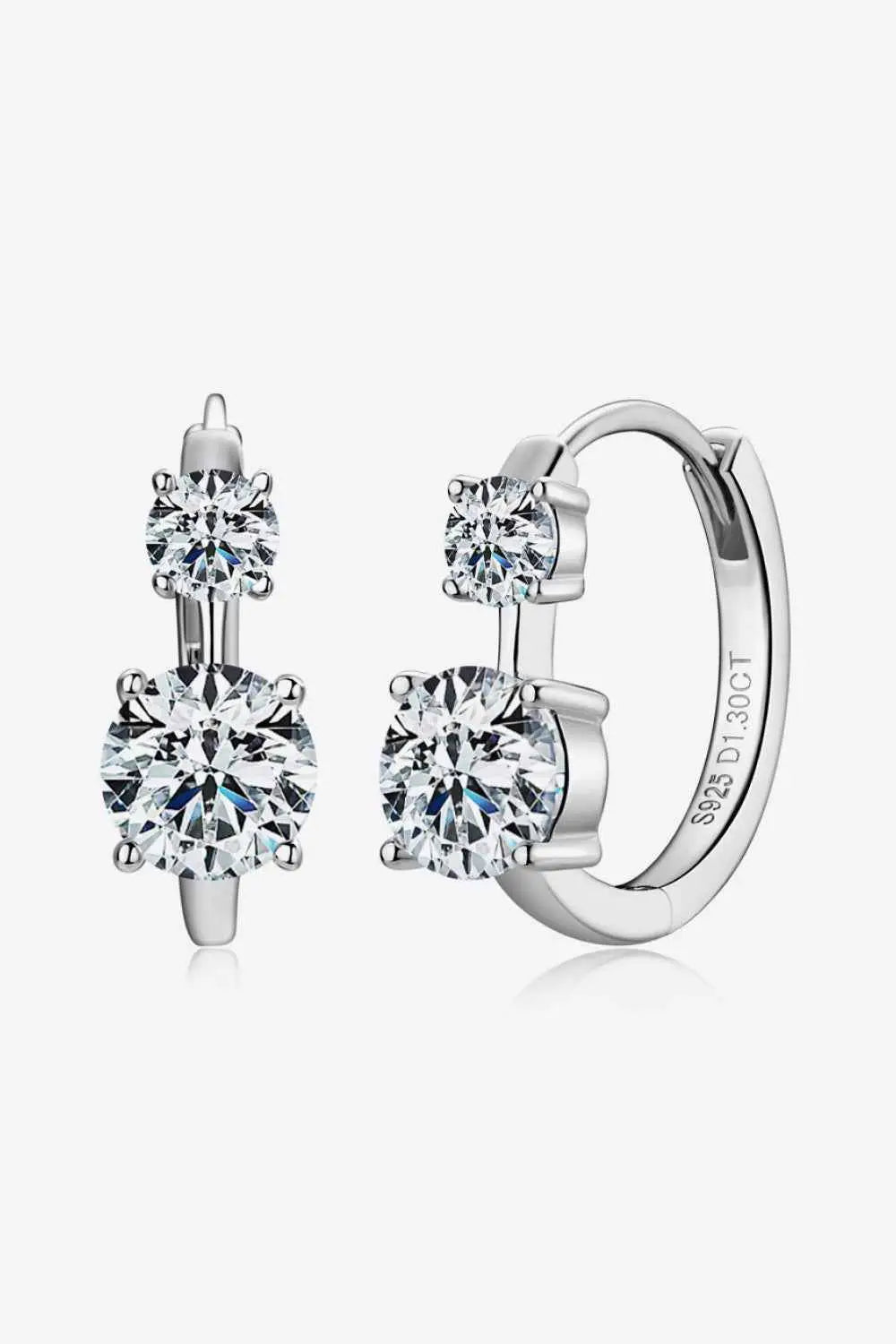 1.3 Carat Moissanite sterling silver earrings with two round clear stones in a modern vertical design