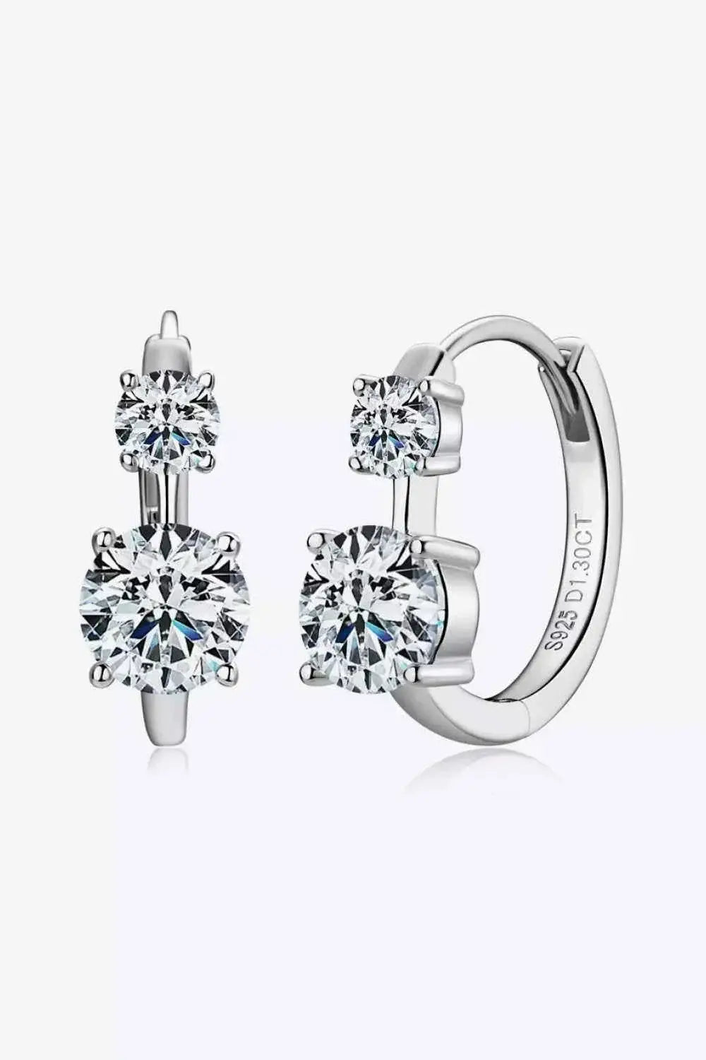 1.3 Carat Moissanite sterling silver hoop earrings with two clear round stones in each earring and a polished finish