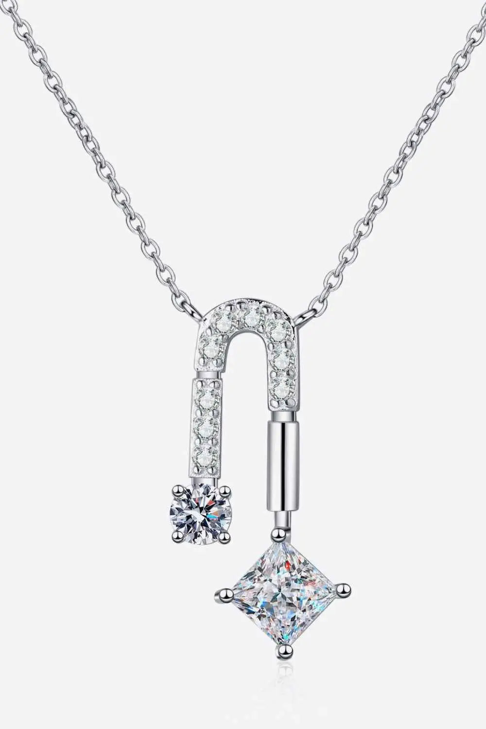 1.3 Carat Moissanite sterling silver necklace with rhodium-plated U-shaped pendant featuring round and square moissanite stones