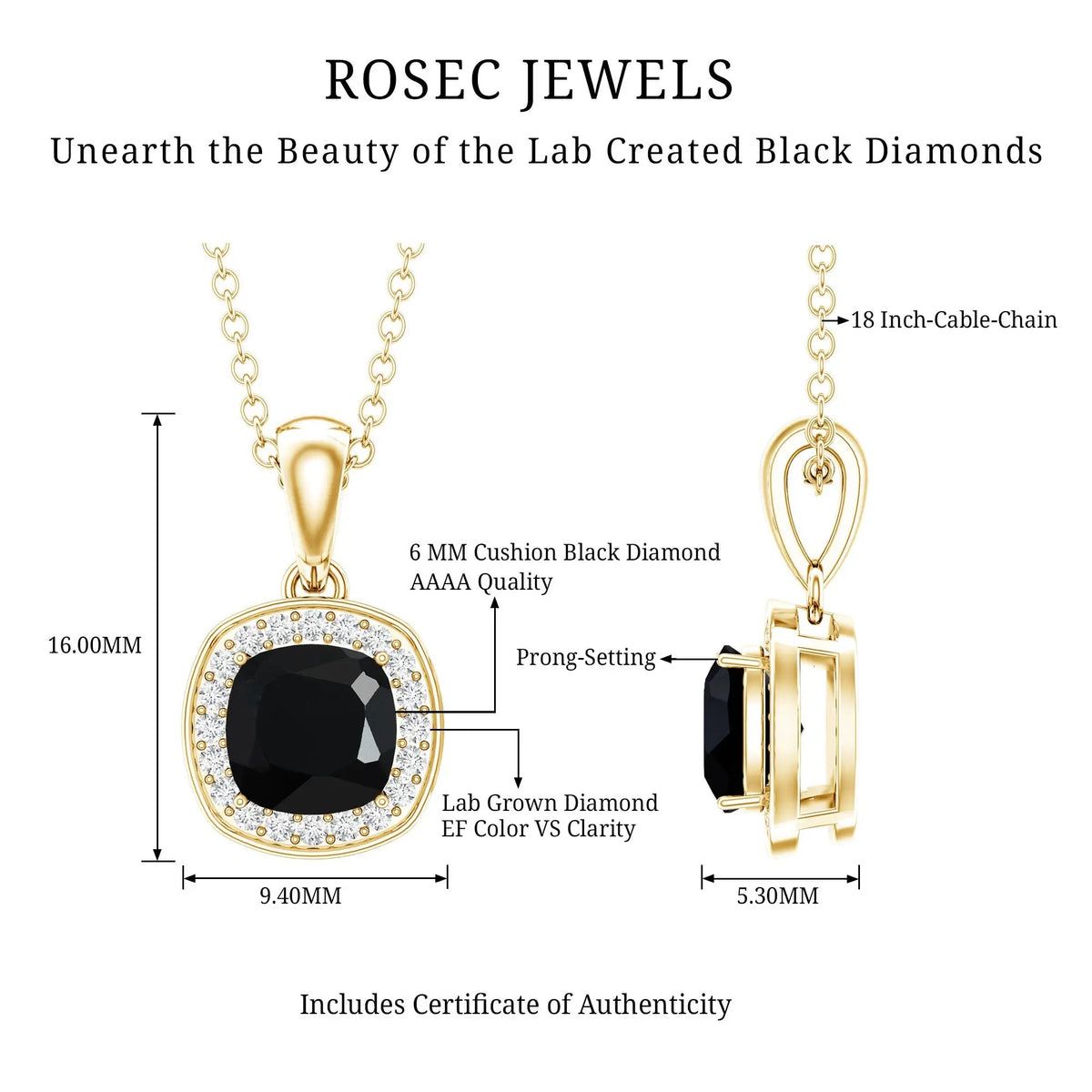 1.8 Carat Lab Grown Black and White Diamond Halo Necklace with Silver Chain