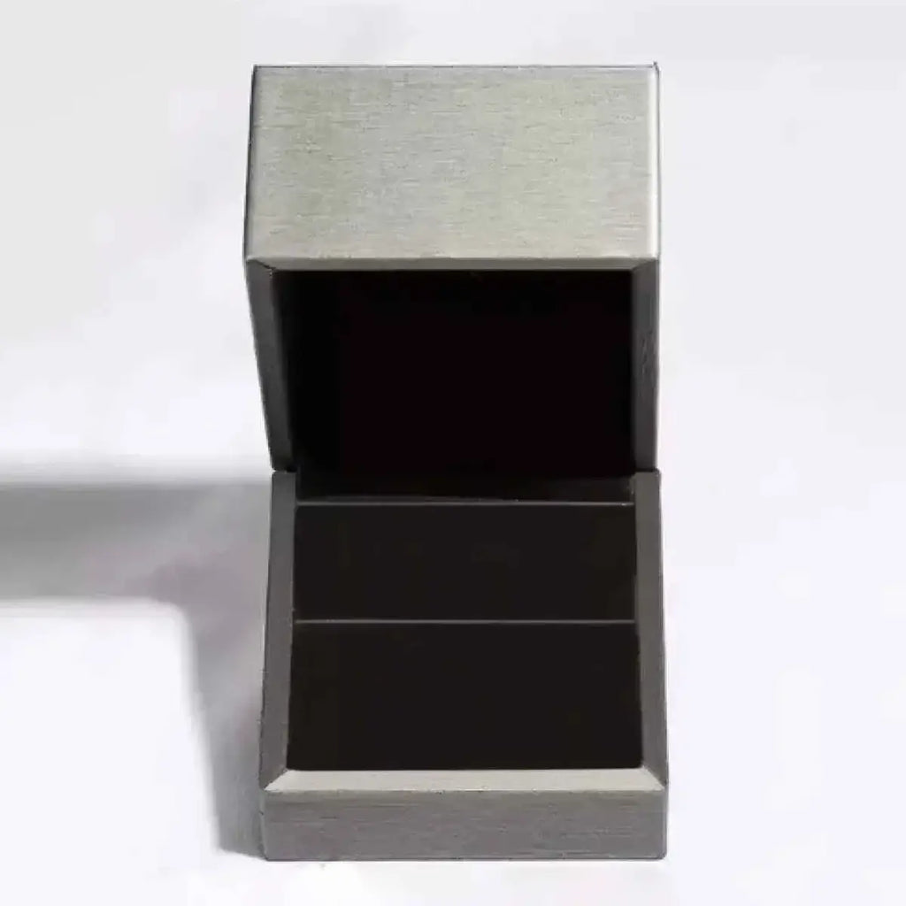 square silver ring box with brushed metal finish and black velvet interior for 1 Carat Moissanite ring
