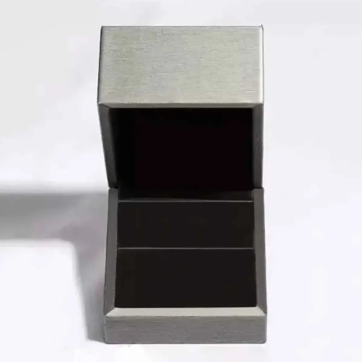 square silver ring box with brushed metal finish and black velvet interior for 1 Carat Moissanite ring