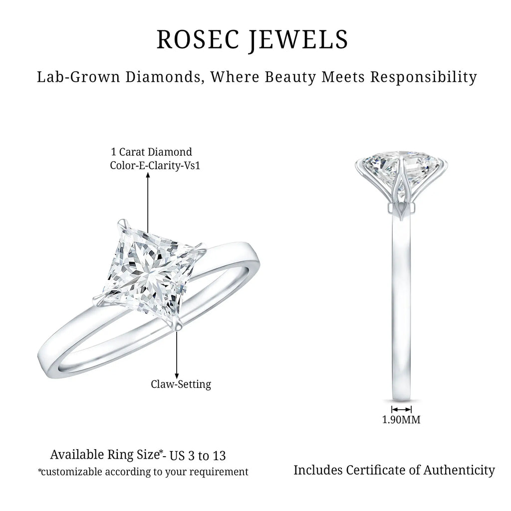 1 Carat Lab Created Diamond Princess Cut Engagement Ring IGI Certified