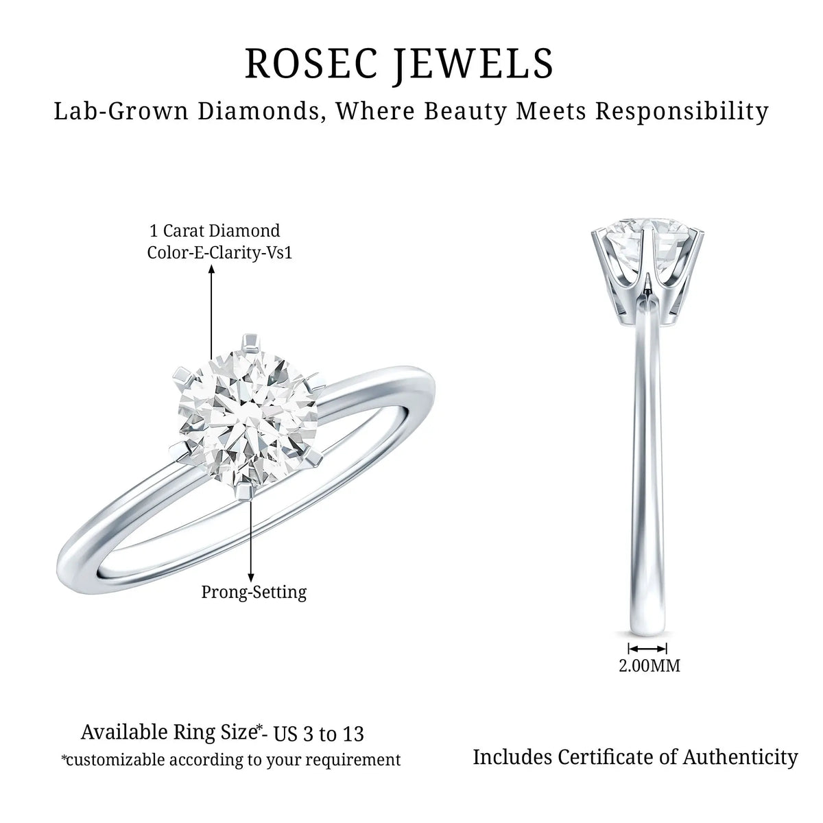 1 Carat Lab Grown Diamond Solitaire Engagement Ring with IGI Certificate