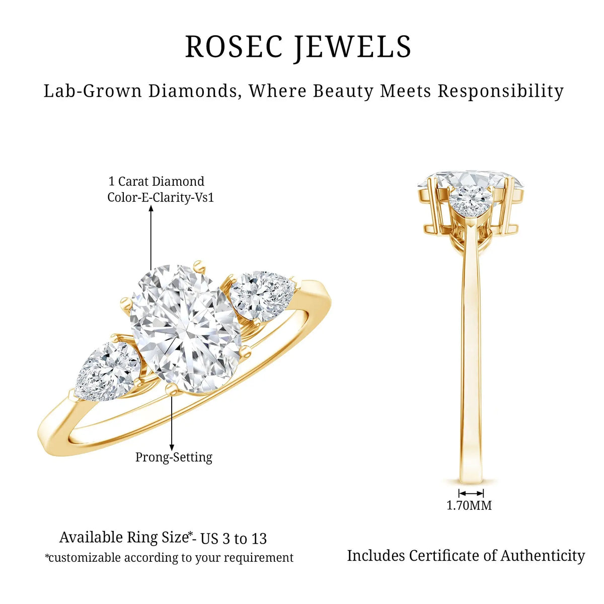 1 Carat Lab Grown Diamond Three Stone Engagement Ring with IGI Certificate