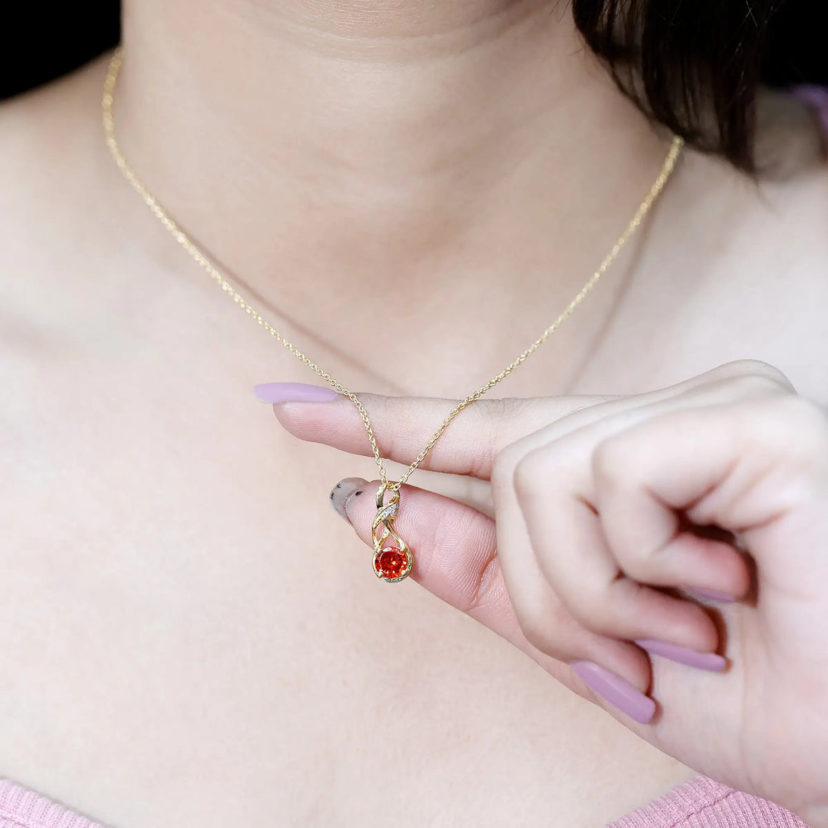 1 Carat Lab Grown Orange Sapphire Infinity Pendant Necklace with Diamond