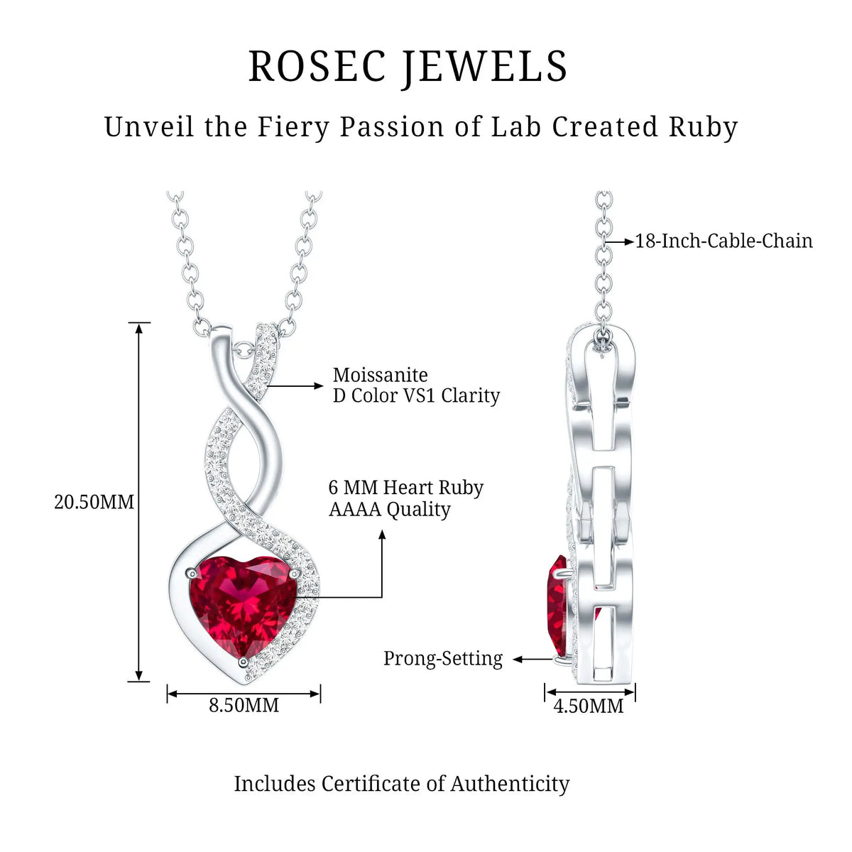 1 Carat Lab Grown Ruby Heart and Infinity Necklace with Silver Chain