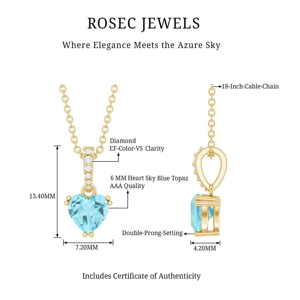 1 Carat Sky Blue Topaz Heart Pendant Necklace with Diamond