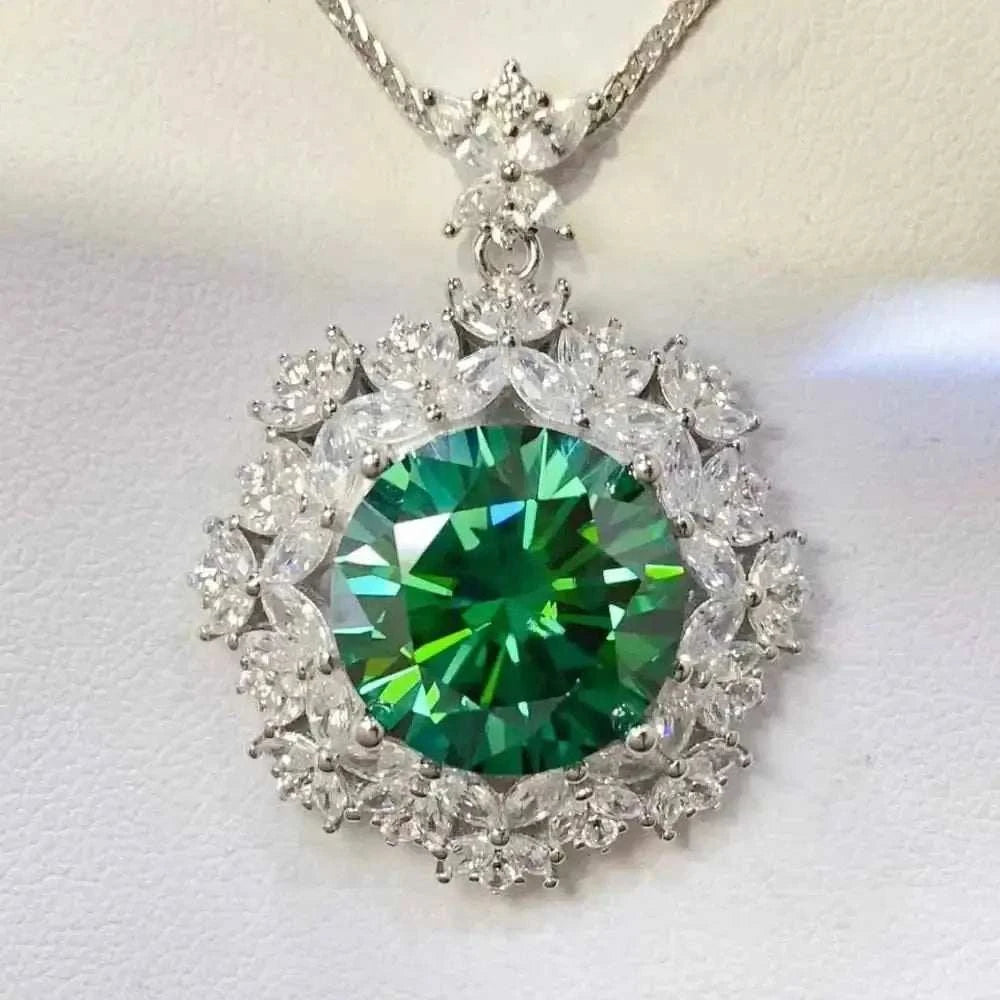10 Carat Moissanite green round gemstone pendant necklace with clear cubic zirconia stones in platinum-plated sterling silver