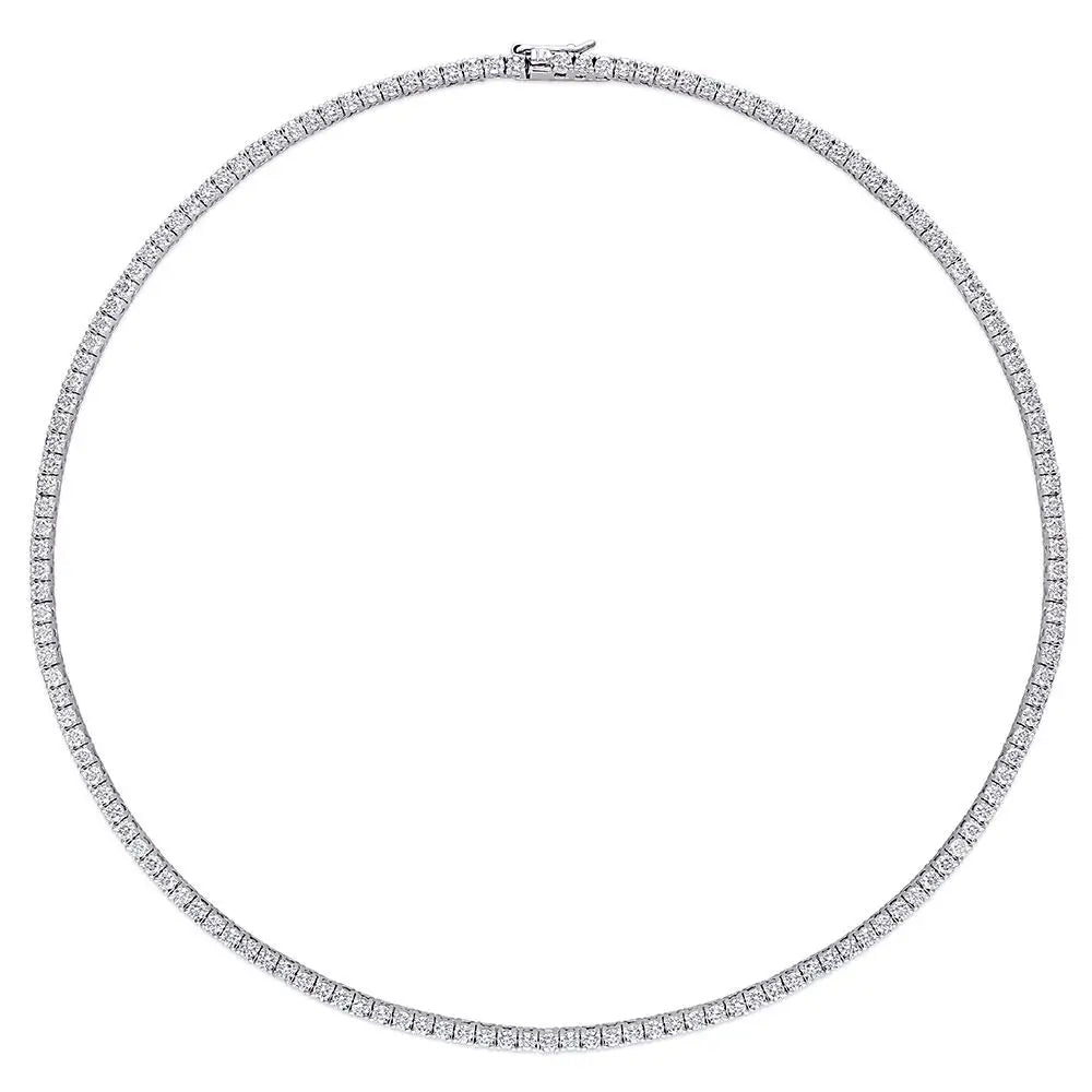 12.5 ct. DEW Created Moissanite tennis necklace featuring a continuous row of round brilliant-cut white gemstones set in 14K gold over brass