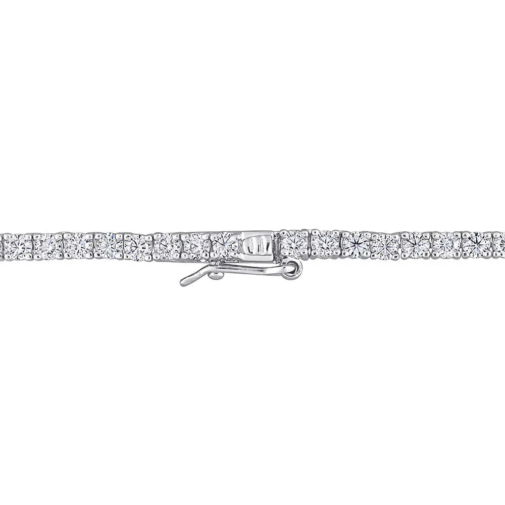 12.5 ct. DEW Created Moissanite tennis necklace featuring a continuous row of round brilliant-cut white stones set in silver-toned metal with secure clasp