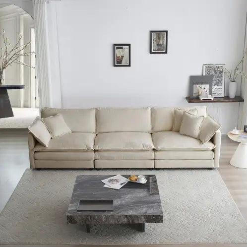 Elevate your space with luxury beige mid-century modern couch and pillows