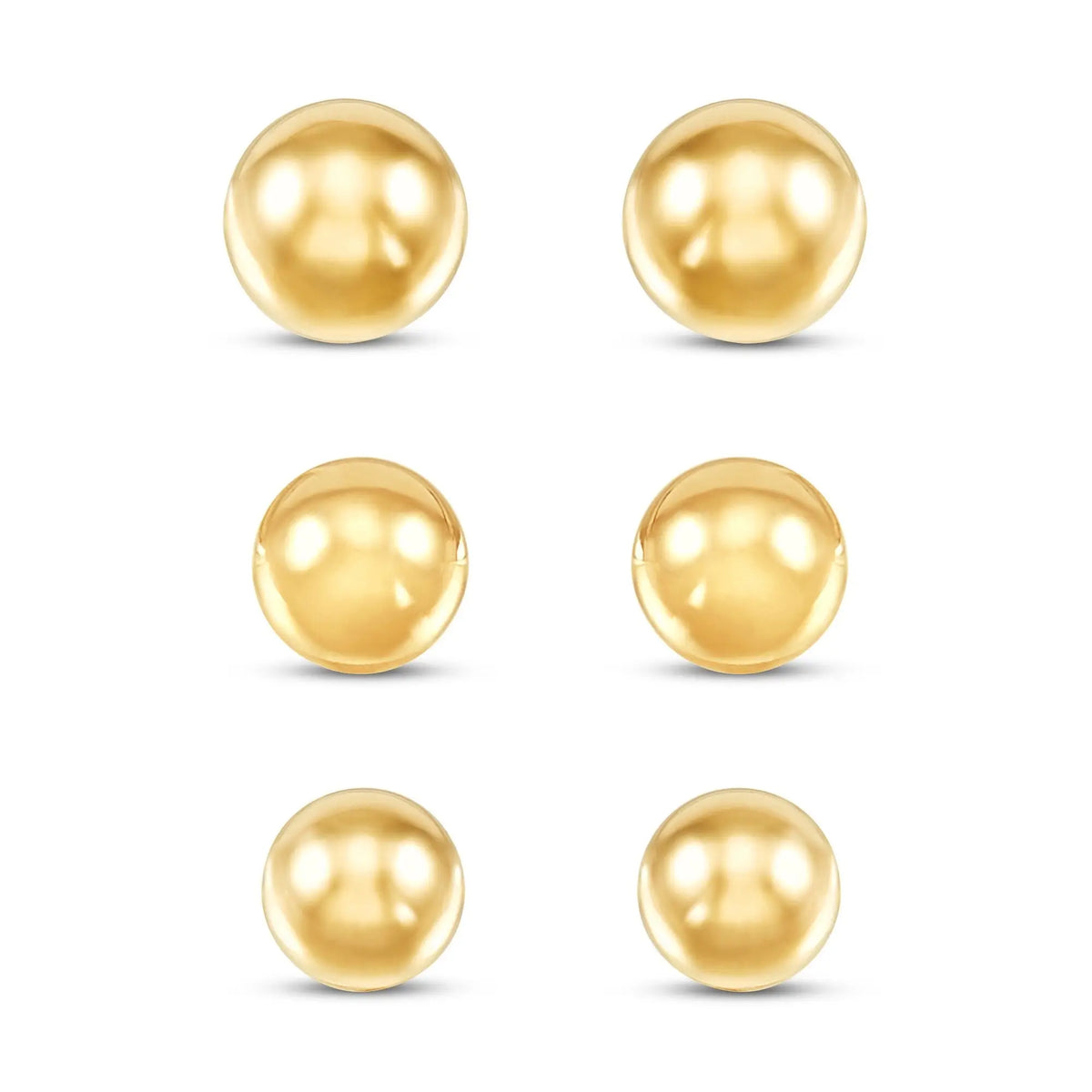 Set of 14K yellow gold ball stud earrings in three sizes (4mm, 5mm, 6mm) with smooth polished finish