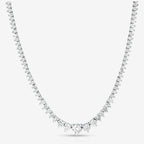 15ct Created Moissanite graduated tennis necklace with round clear stones set in white metal, sparkling and elegant design