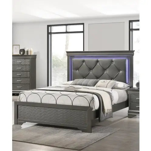 Indulge in luxury with the dark gray faux leather tufted headboard