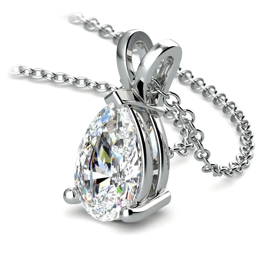 2.00 CTW lab-grown diamond pear-cut pendant in a 14K white gold three-prong setting with an adjustable cable chain