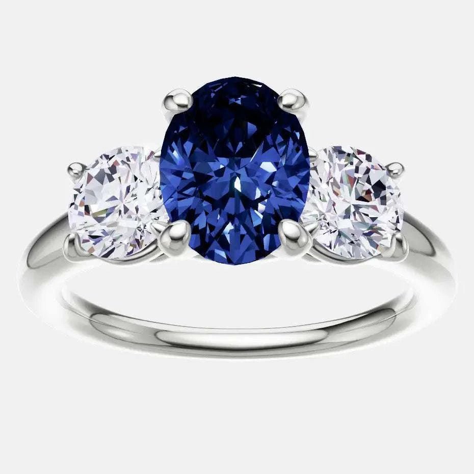 2.00 CTW Lab Created Oval Blue Sapphire & Diamond 3-Stone Engagement Ring in 14kt Gold - Maven Couture IncDiamond Ring
