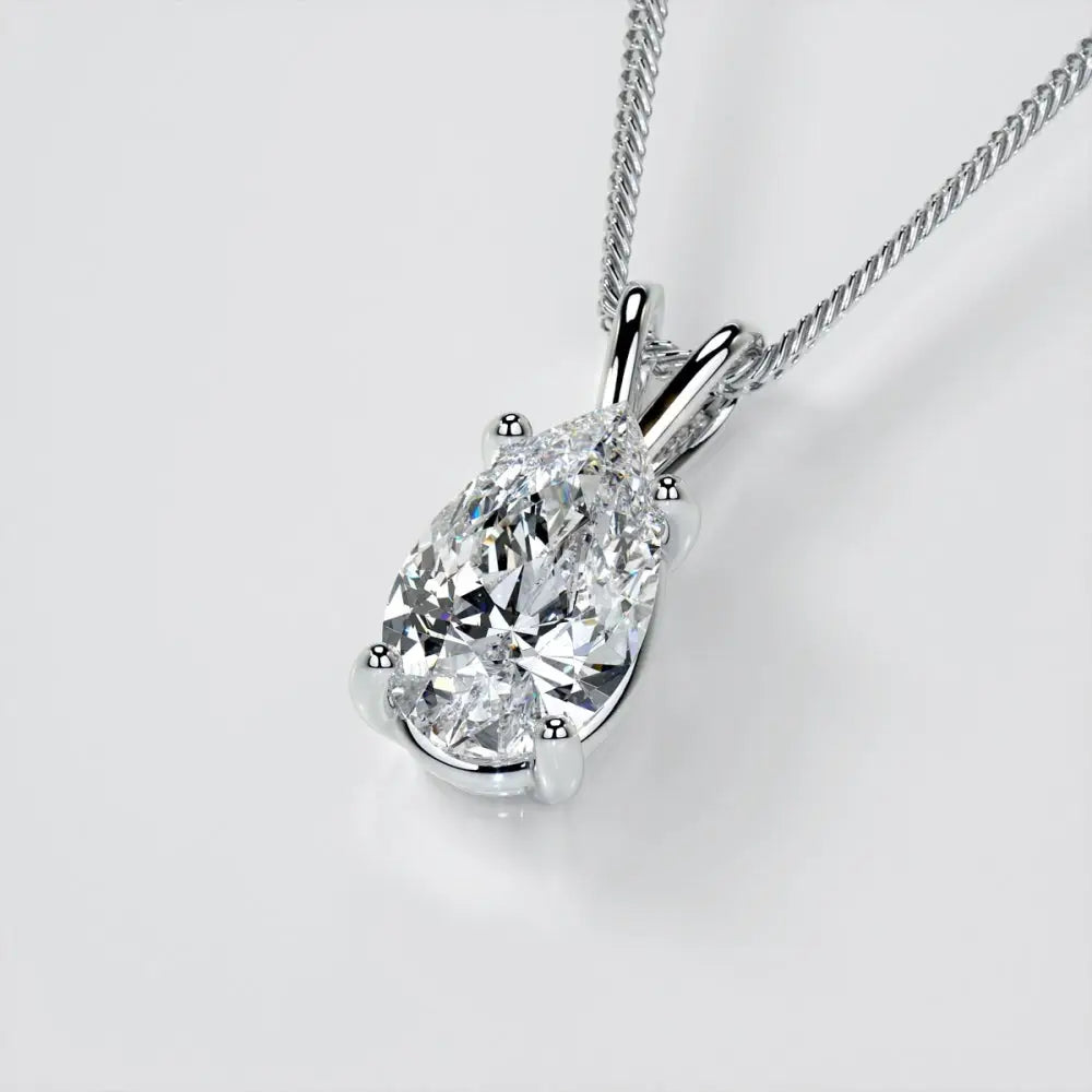 2.00 CTW lab-grown diamond pear-cut pendant in 14K white gold three-prong setting with a delicate chain
