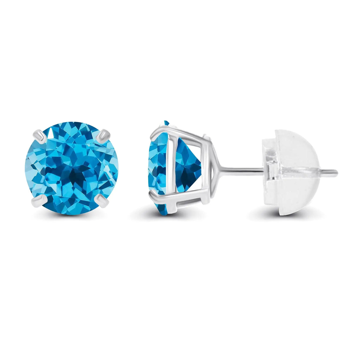 Swiss Blue Topaz earrings in vibrant blue round-cut gemstones set in 14K white gold four-prong stud design with push-back closure