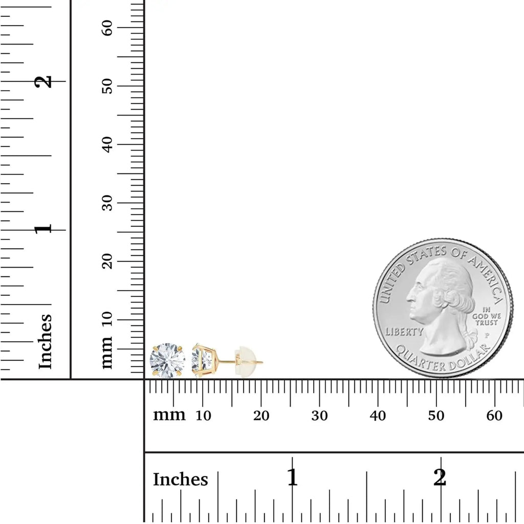 2.00 CTW round CZ stud earrings with clear round cubic zirconia stones set in 14K yellow gold four-prong settings, measured beside rulers and a quarter