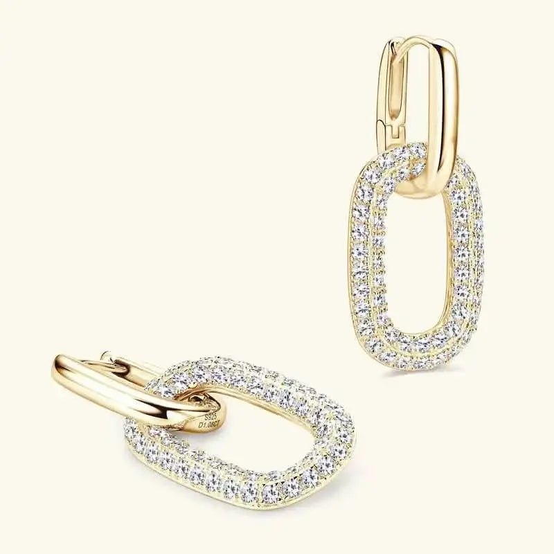 925 sterling silver earrings with gold plating, featuring a rectangular loop paved with sparkling stones, 2.16 Carat Moissanite.