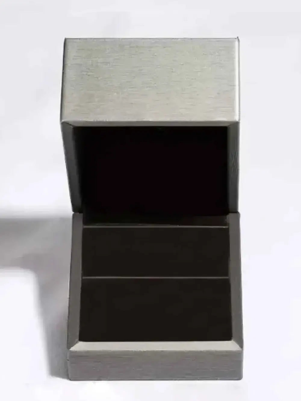Open silver and black jewelry box with no earrings inside, designed to hold 2.16 Carat Moissanite earrings